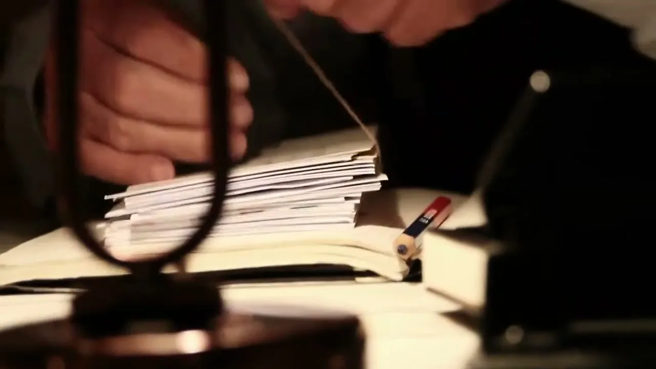 A person's hands are seen tying a stack of letters with string on a desk, with a pencil and a lamp in the foreground.