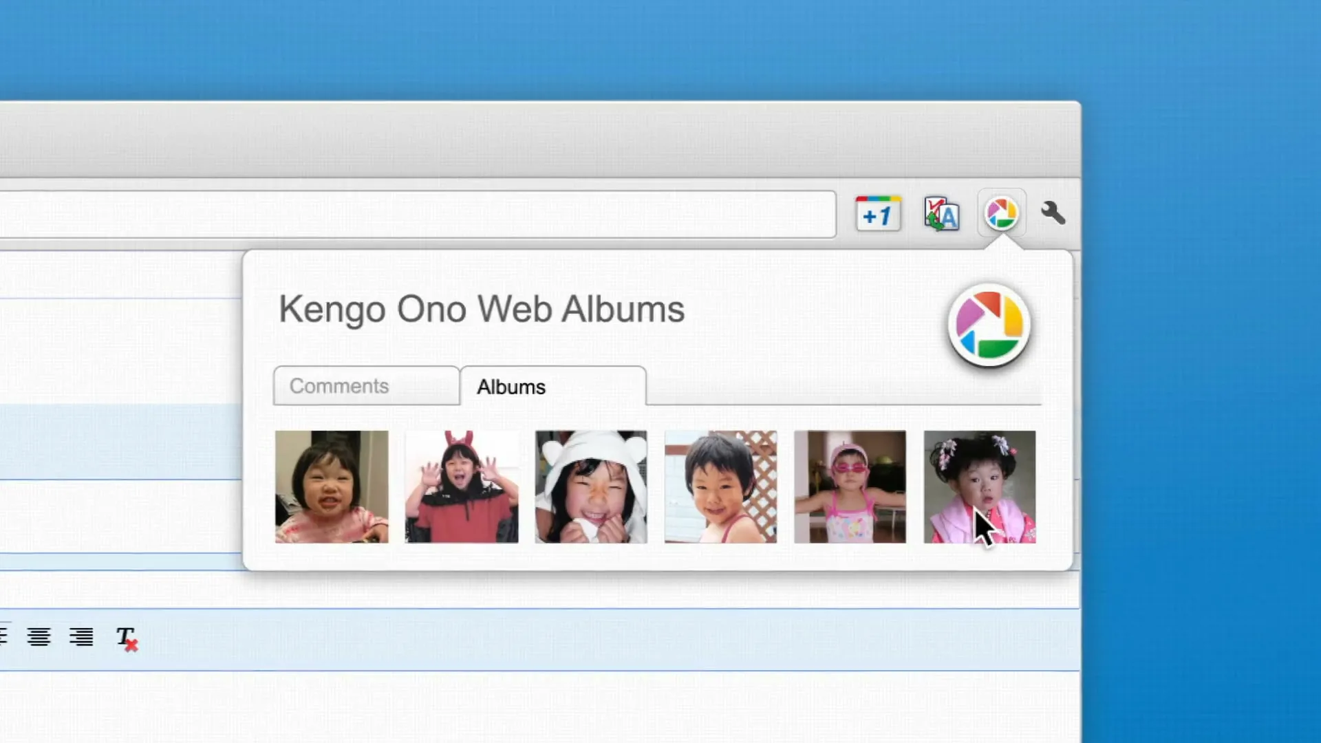 A computer screen shows a web browser with a pop-up window displaying "Kengo Ono Web Albums" and several small photos of children.