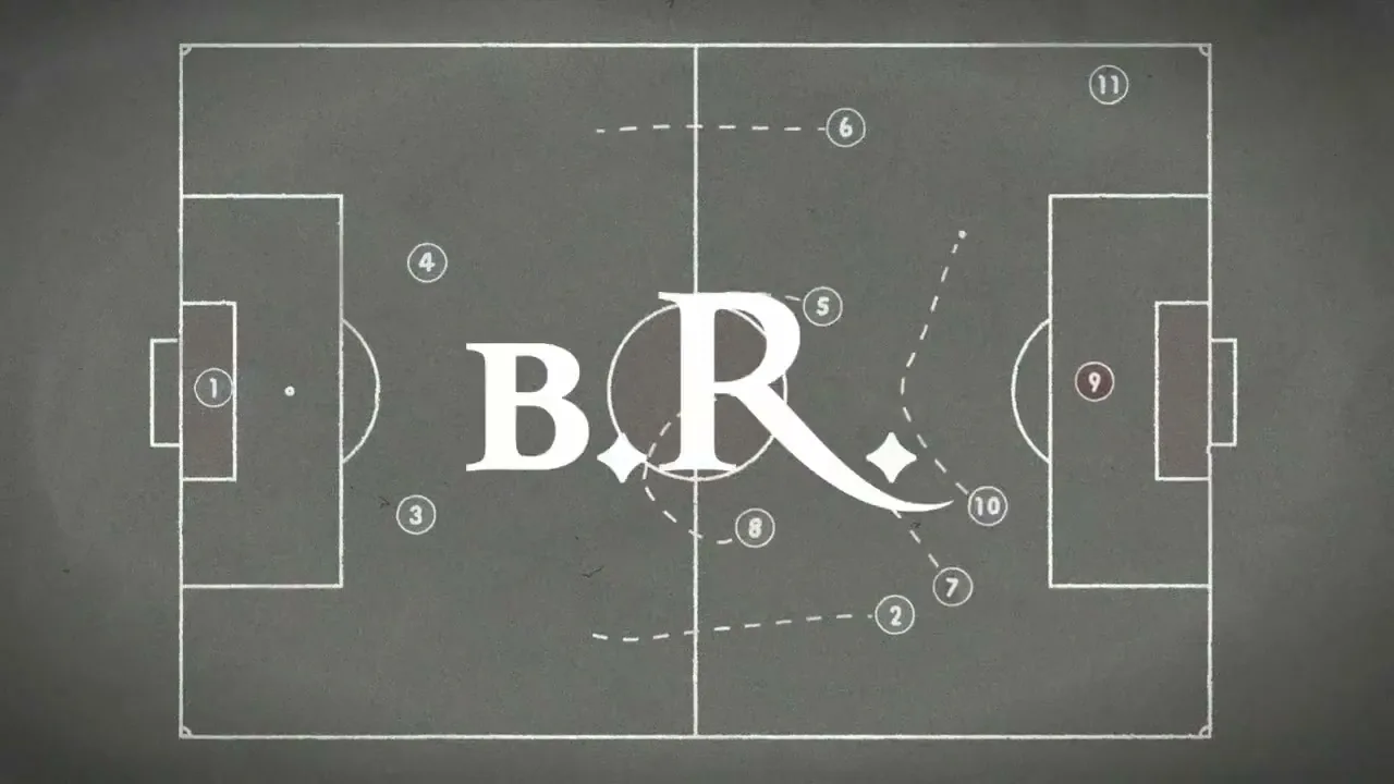 A top-down animated diagram of a soccer field with player positions and movement lines, with the letters "B.R." appearing in the center.