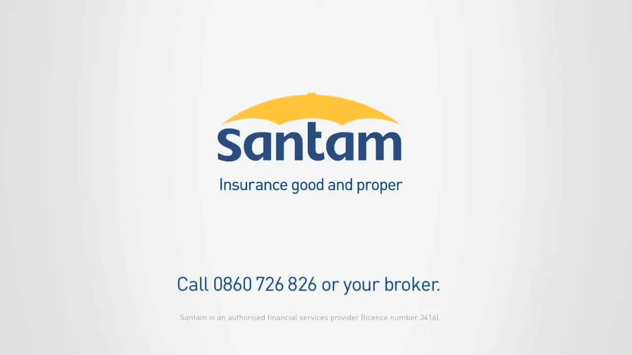 The Santam logo, a blue wordmark with a yellow umbrella icon, appears on a white background with contact information and a tagline.