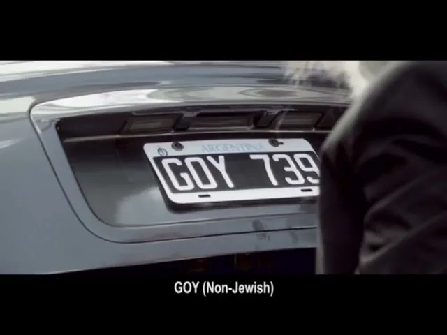 A person with white hair stands next to the back of a gray car, looking at its license plate which reads "GOY 739" in an outdoor setting.