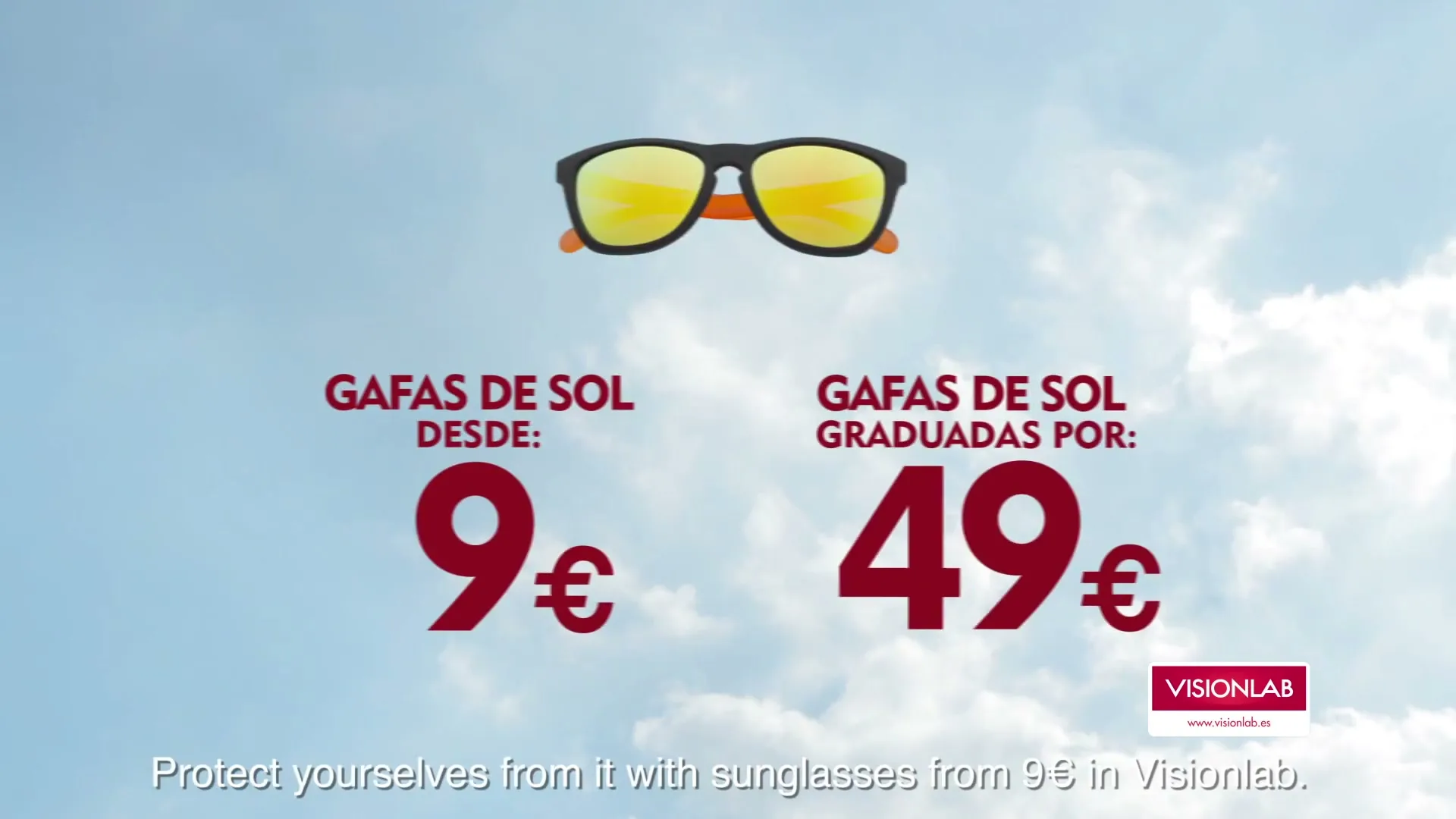 A pair of sunglasses with reflective lenses is shown against a bright blue sky with white clouds, with text displaying prices for sunglasses.