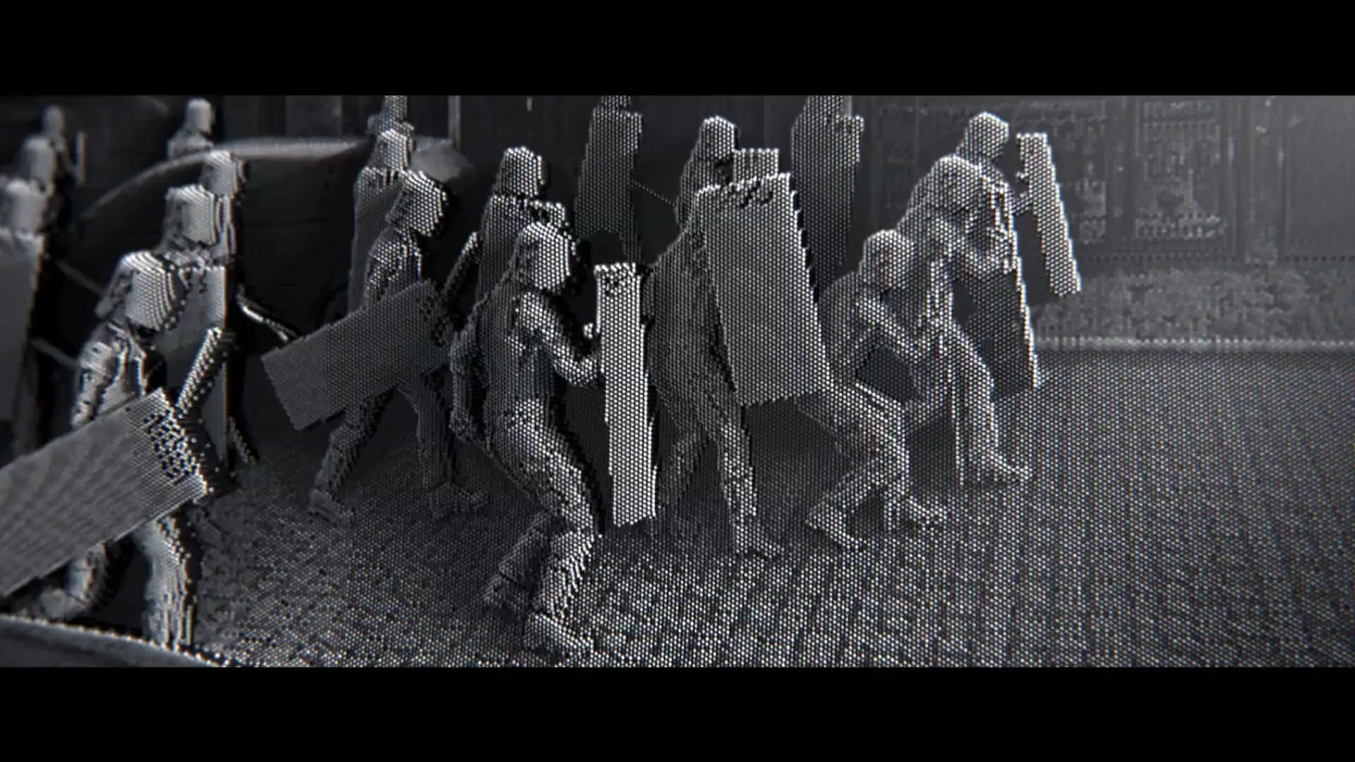 A group of stylized, pixelated figures resembling riot police with shields advance forward in a dark, ominous setting.