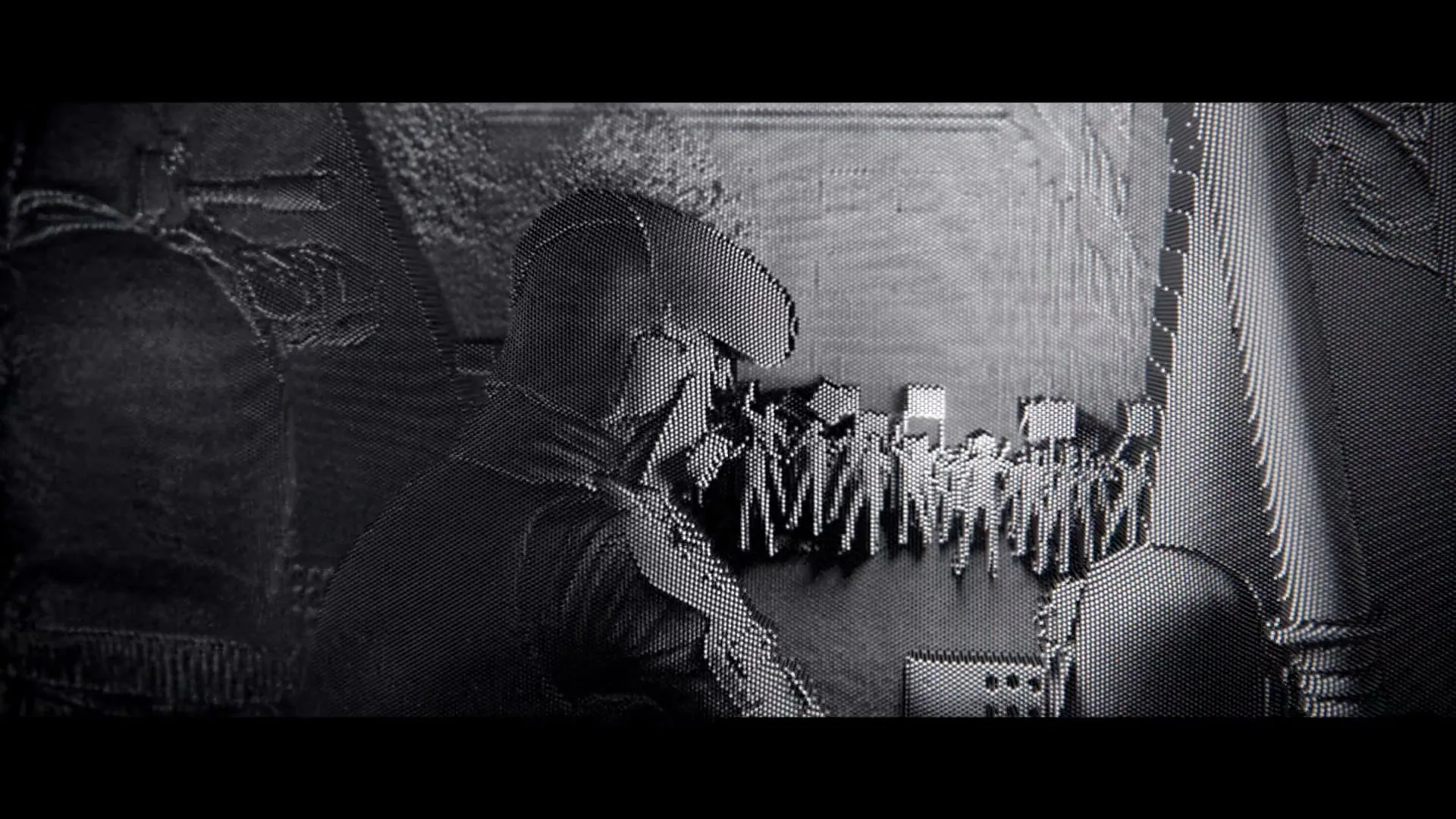 A pin art sculpture depicts a soldier in a helmet looking at a crowd of people holding signs, in a dark, somber setting.