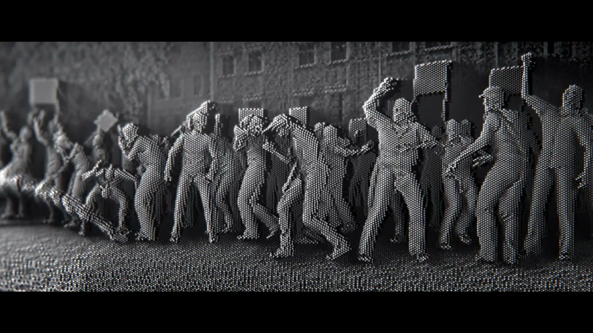 A crowd of stylized, pin-art figures, some holding signs, are shown in a dynamic, protesting stance in front of a building.