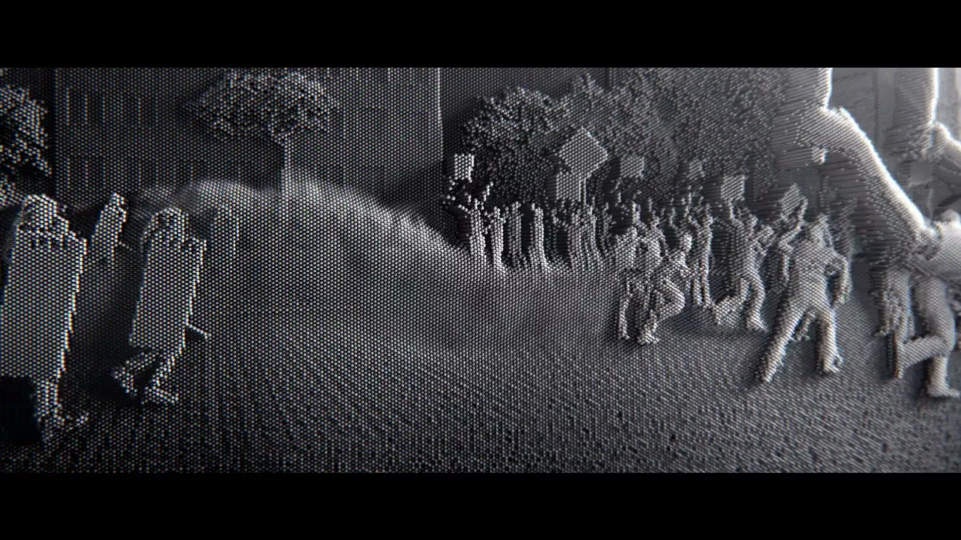 A wide shot shows a pin art animation of a protest with people holding signs and a large hand pushing against them, creating a wave effect.