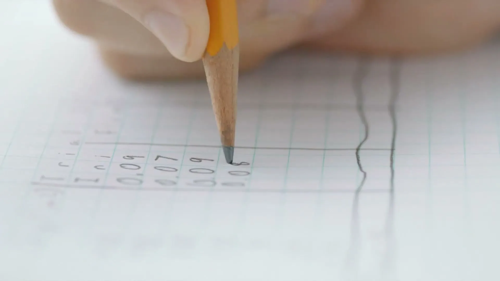 A person's hand holds a yellow pencil, writing numbers on a piece of graph paper with calculations.