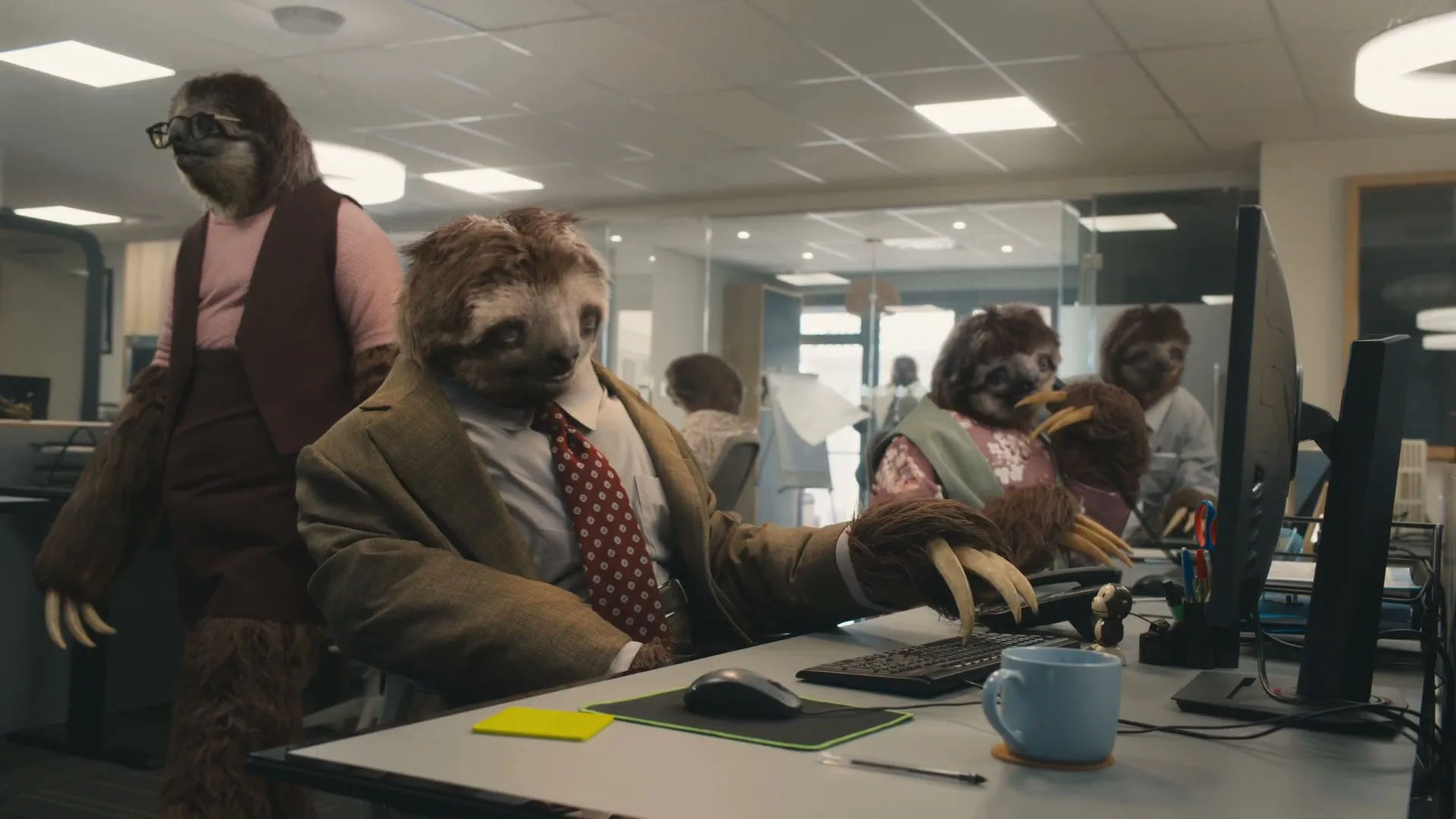 A sloth in a suit slowly types on a keyboard at a desk in a busy office, surrounded by other sloths working.