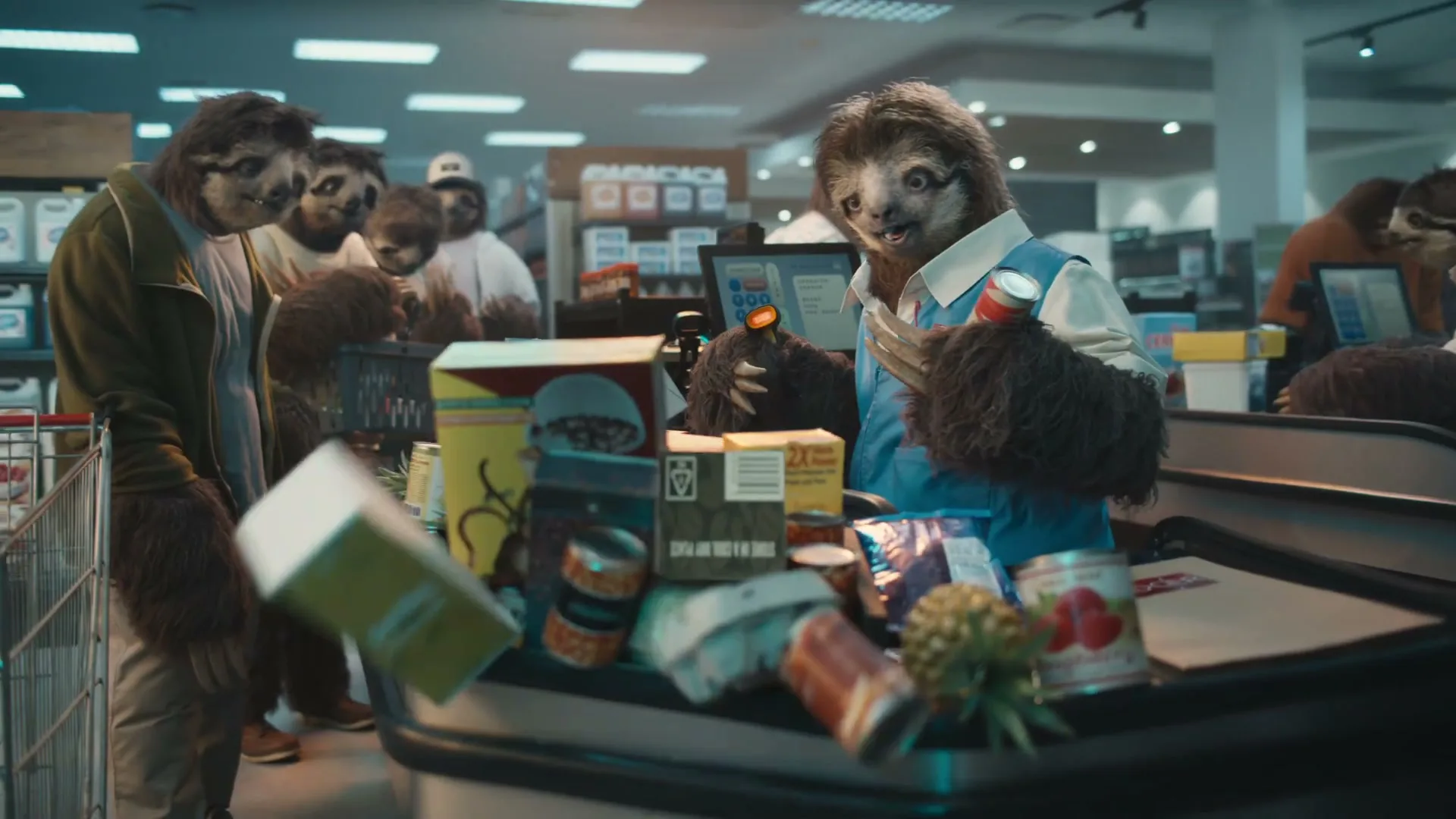 A sloth cashier in a blue vest slowly scans groceries for a sloth customer in a green jacket at a supermarket checkout.