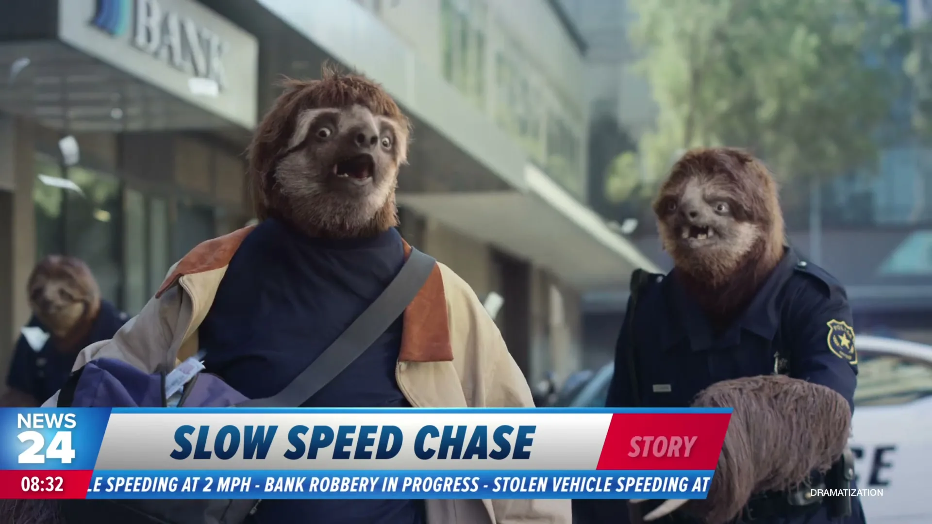 Two sloths, one dressed as a robber and the other as a police officer, are slowly walking down a city street with money falling around them.
