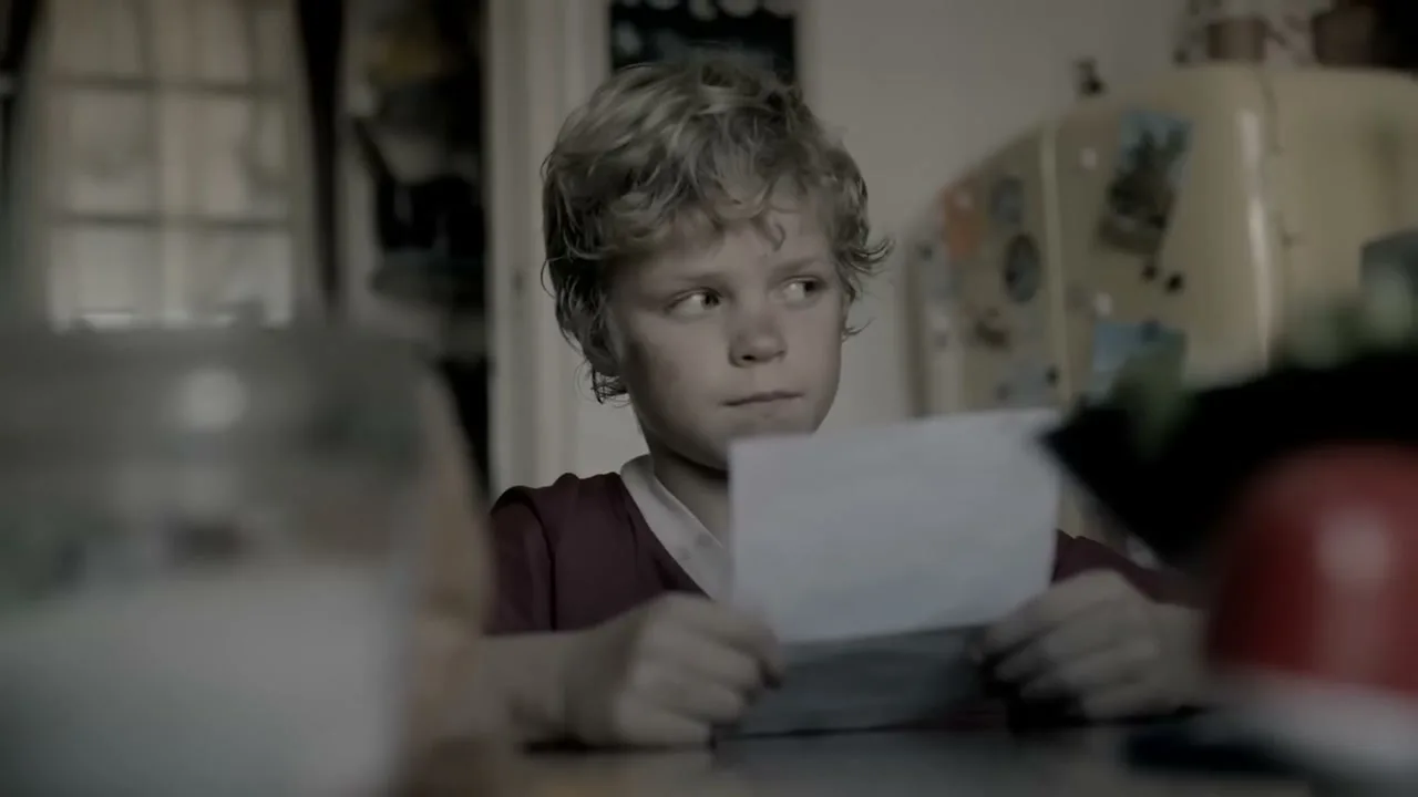 A young boy with curly blonde hair sits at a table, holding a piece of paper and looking off-camera with a serious expression in a dimly lit kitchen.