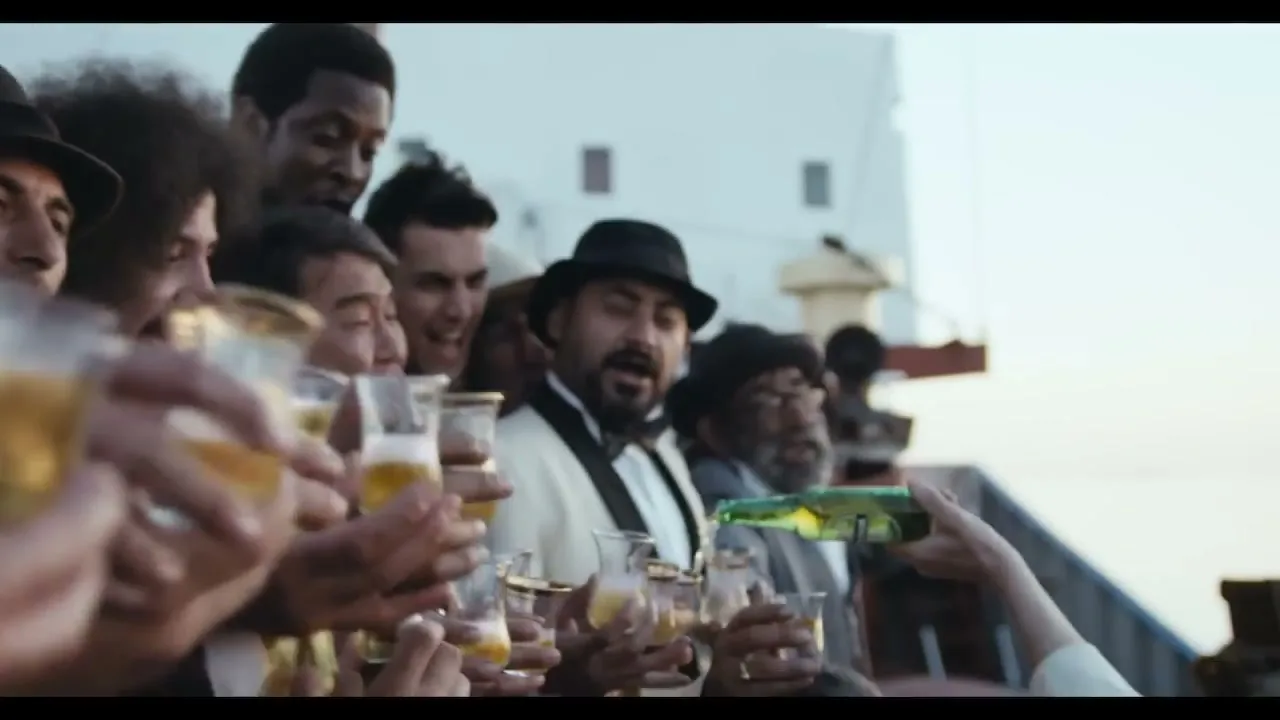 A diverse group of men in formal wear cheer as a Heineken bottle is poured into small glasses on a ship's deck at sunset.