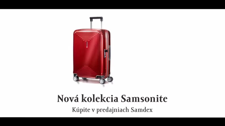 A red Samsonite suitcase is shown on a white background, then the Samdex logo and text appear.
