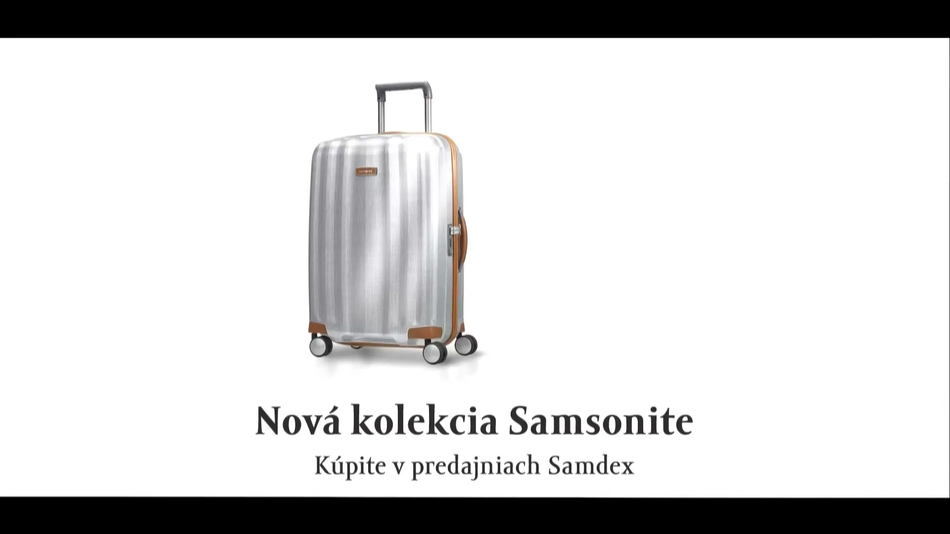 A silver Samsonite suitcase with brown accents is shown on a white background, then the Samdex logo and text appear.