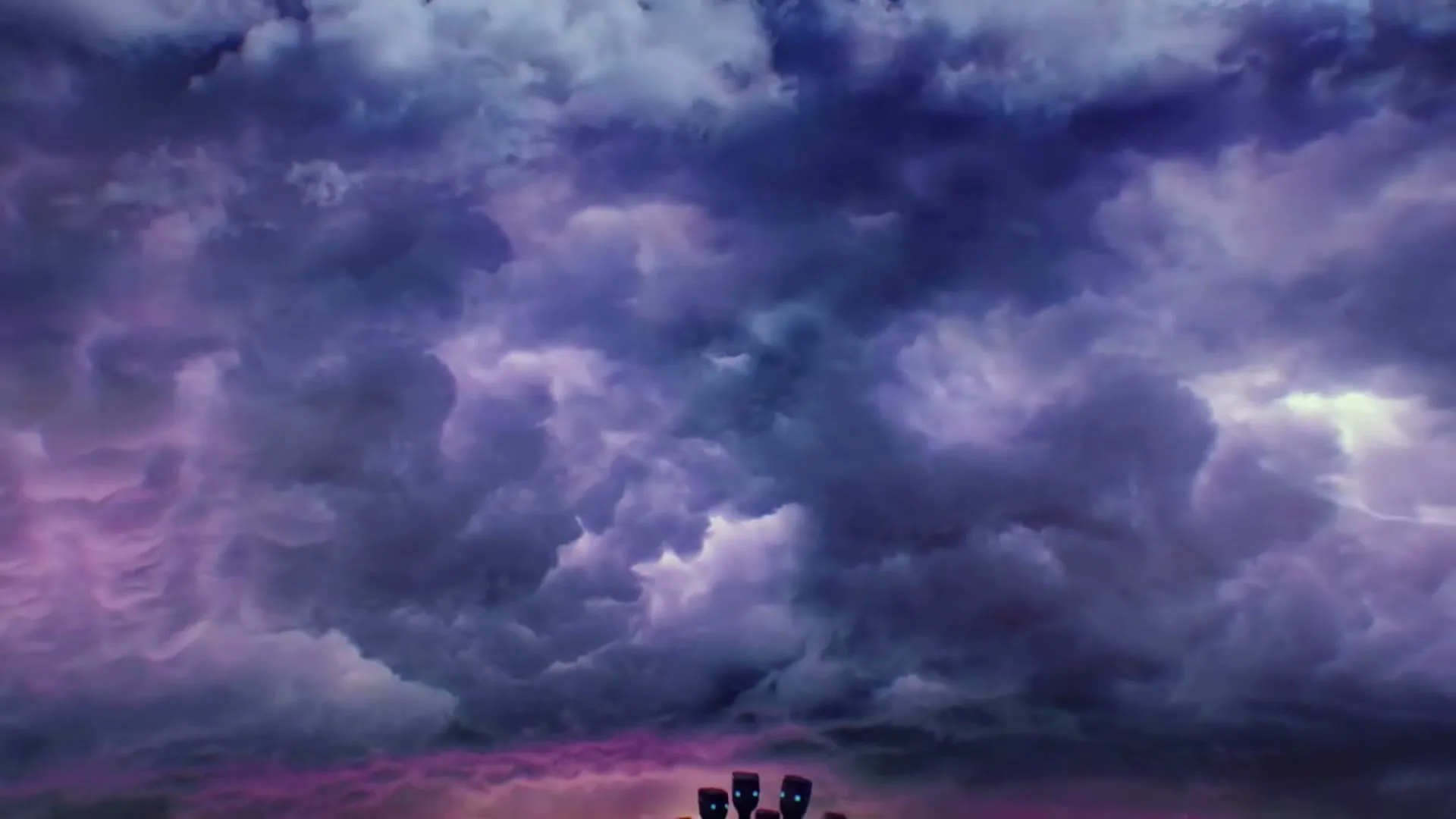 A wide shot of a dramatic, dark purple and pink sky filled with ominous clouds, with a small, dark silhouette of a city visible at the bottom.