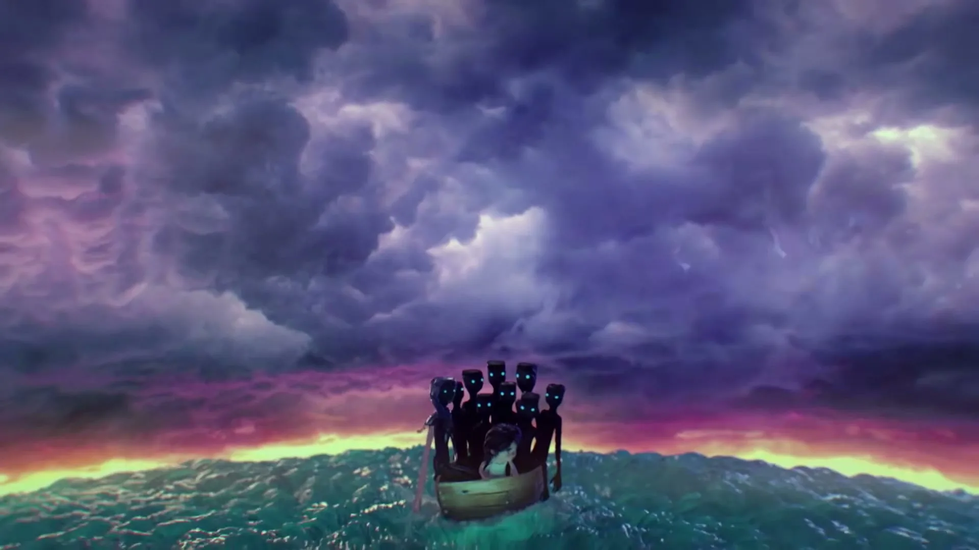 A small boat with a child and several dark, shadowy figures with glowing eyes floats on a turbulent sea under a dramatic, stormy sky.