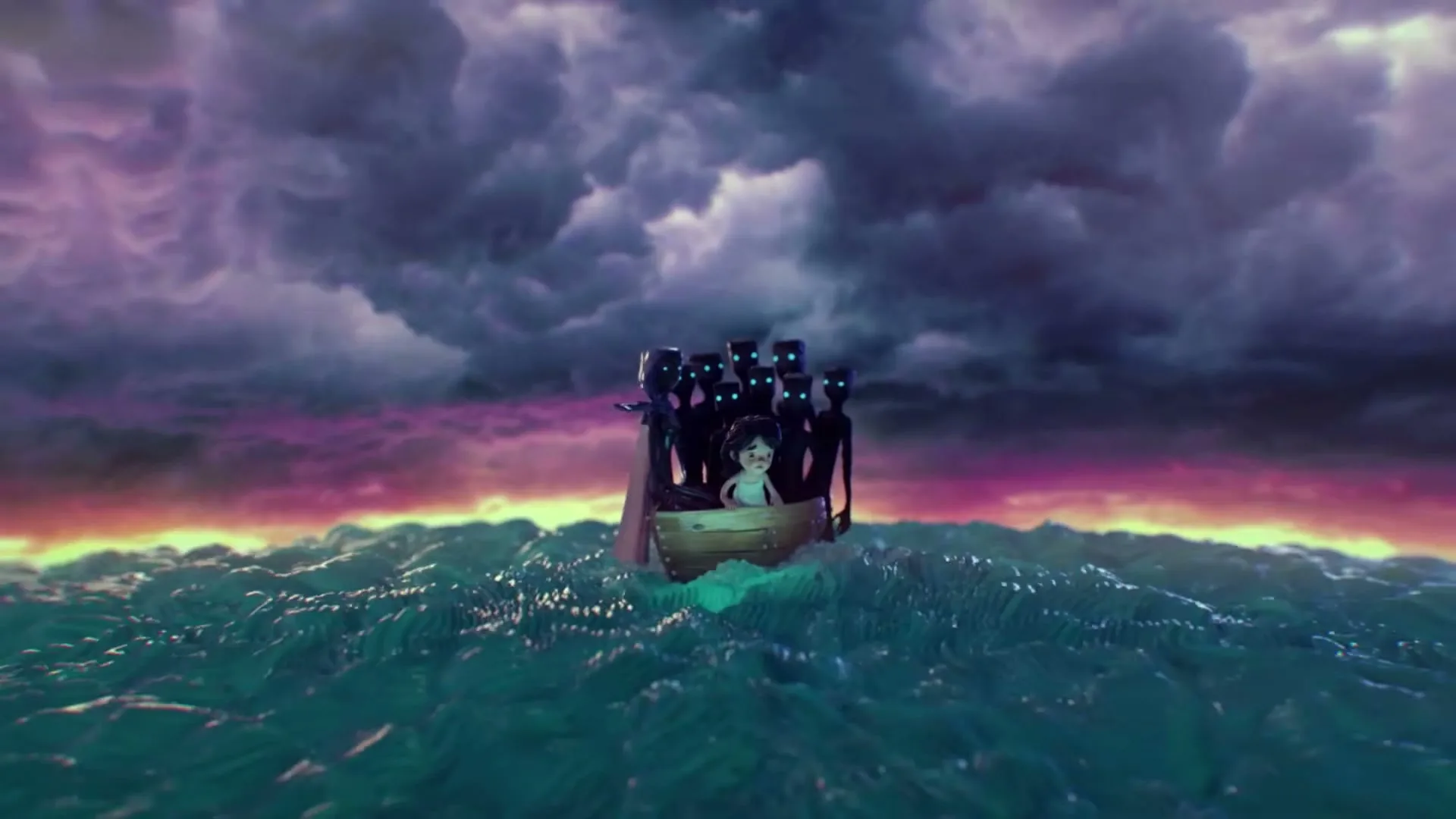 A young girl in a small boat is surrounded by dark, shadowy figures with glowing blue eyes on a stormy, purple-hued sea under a dramatic sky.
