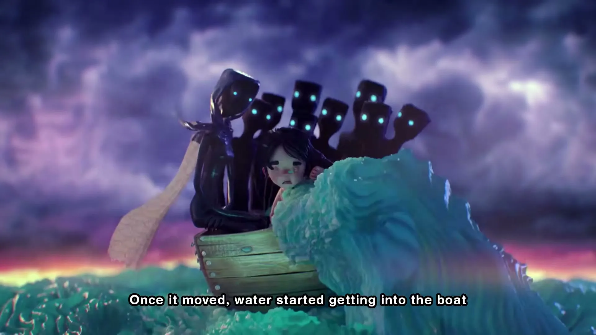 A young animated girl in a small boat with dark, shadowy figures is tossed on rough, stylized waves under a stormy sky.