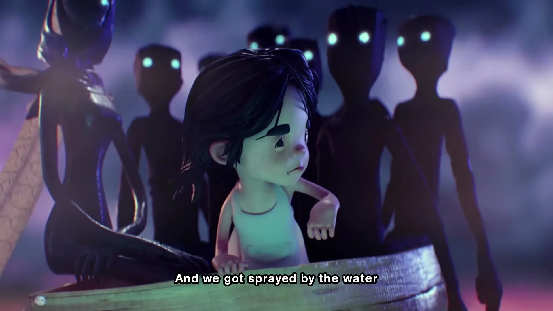 A young animated girl in a boat with shadowy figures behind her, looking cold and scared as water splashes around her.