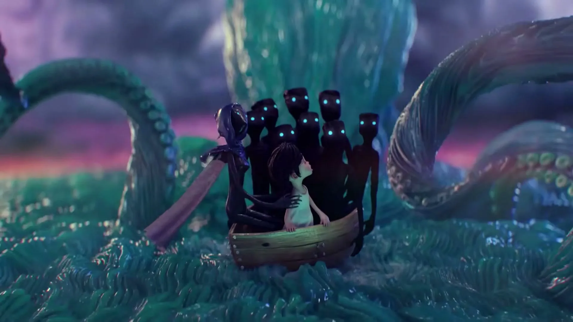 A young animated girl in a small boat is surrounded by dark, shadowy figures with glowing eyes and large green tentacles in a stormy sea.
