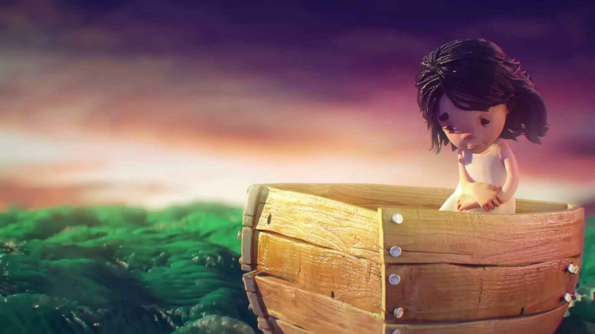 A sad animated girl with dark hair sits in a small wooden boat, looking down at the green, wavy water as the camera slowly pushes in on her.
