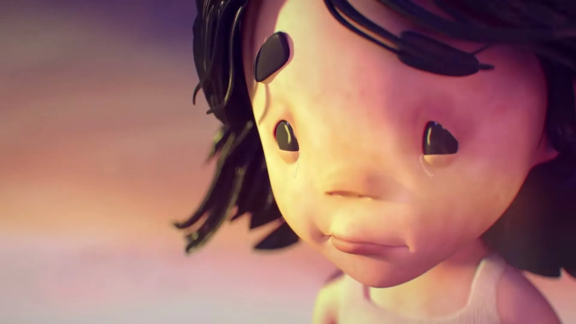 A sad animated child with dark hair and a white top cries as tears stream down her face, with a soft, blurred background.