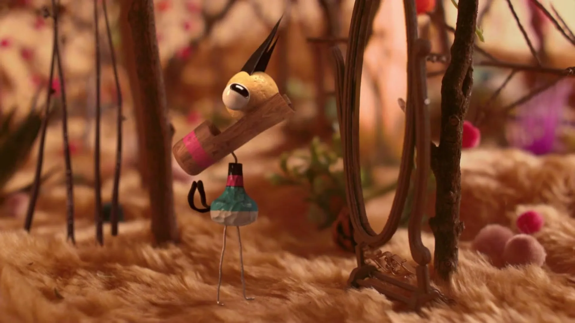 A small, yellow, bird-like creature with a wooden body and wire legs stands in a whimsical, textured landscape, looking around curiously.