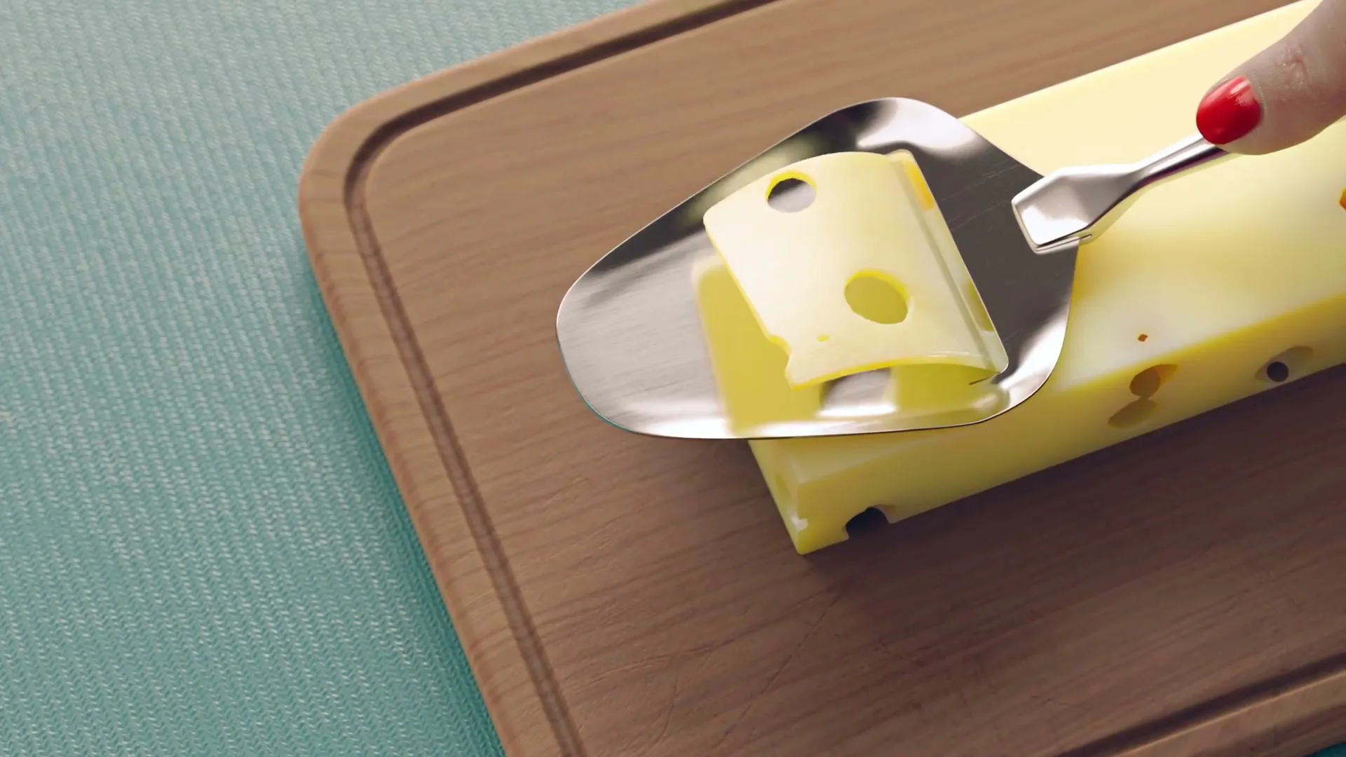 A woman's hand with red nail polish uses a cheese slicer to cut a thin slice of Swiss cheese on a wooden cutting board.