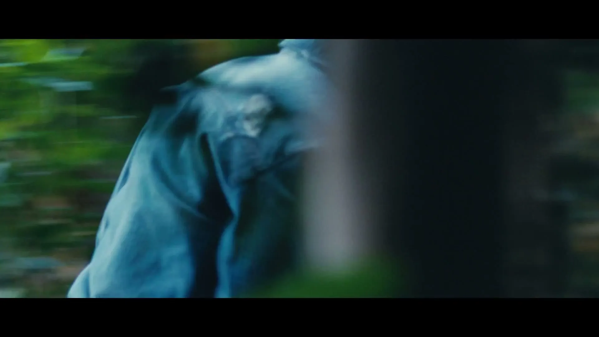 A person in a blue jacket runs through a lush green environment, with plants in the foreground and background, creating a sense of movement and speed.