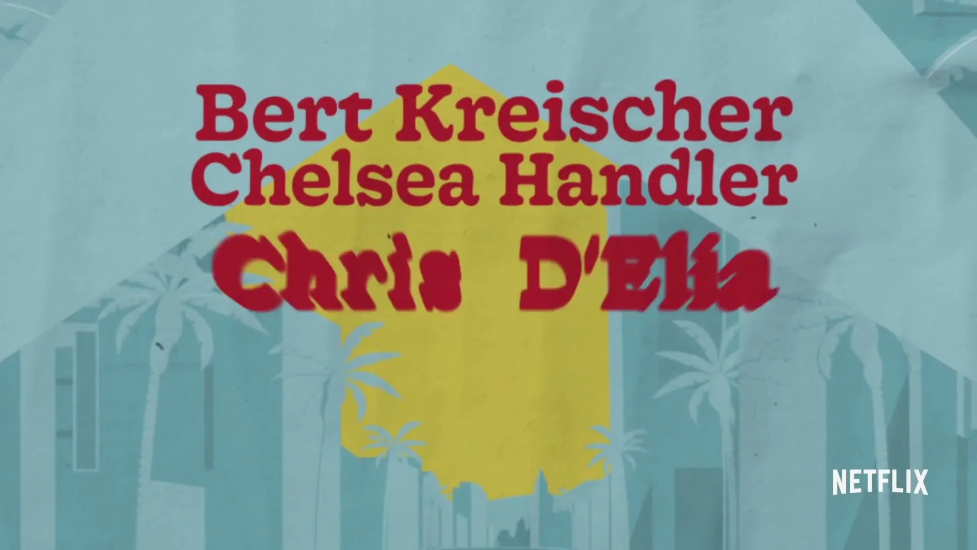 A colorful animated sequence displays a list of comedians' names, followed by event details for "Netflix Is a Joke" festival, with a small plane flying across the screen.