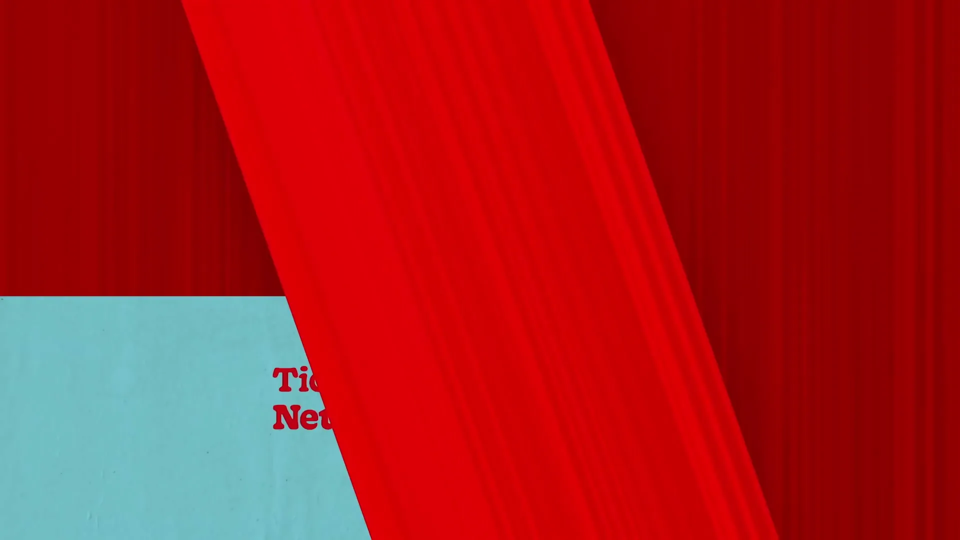 A red curtain with vertical lines opens to reveal a light blue background with red text.