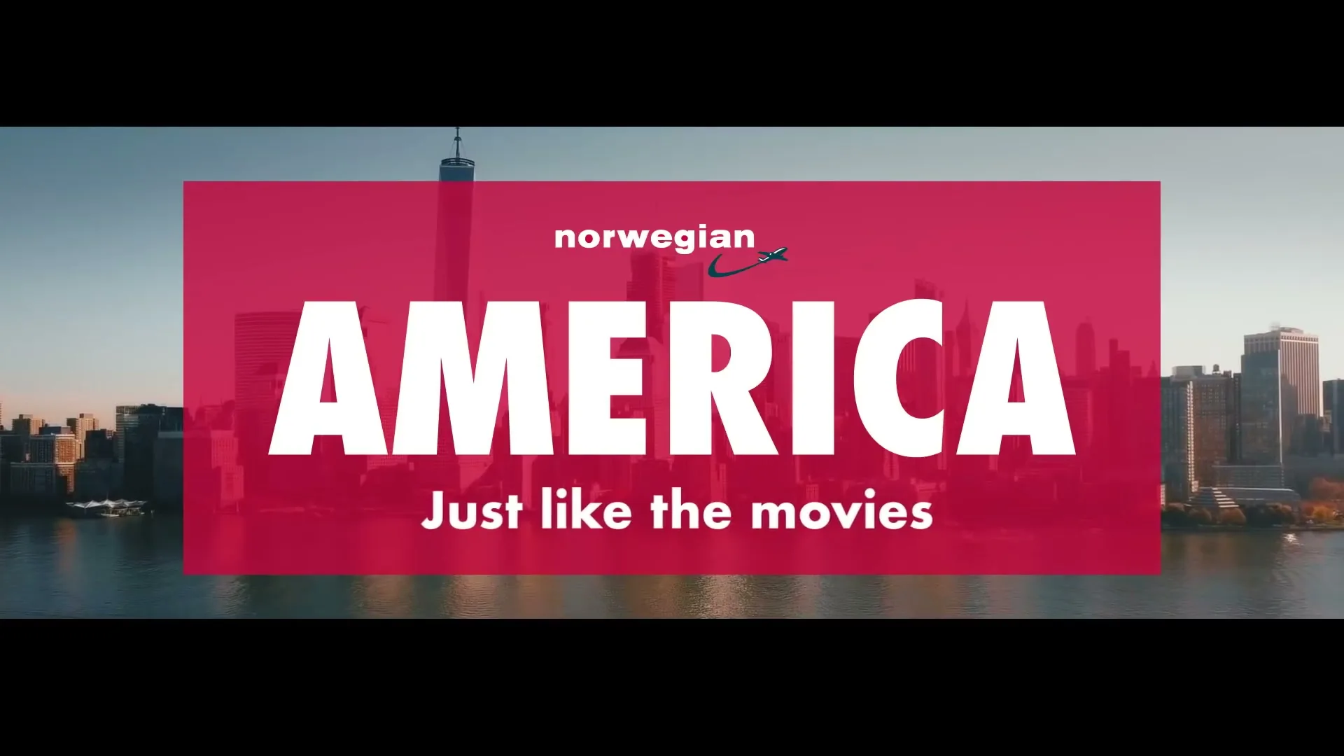 A wide shot of the New York City skyline with a red graphic overlay that reads "AMERICA Just like the movies" and the Norwegian Air logo.