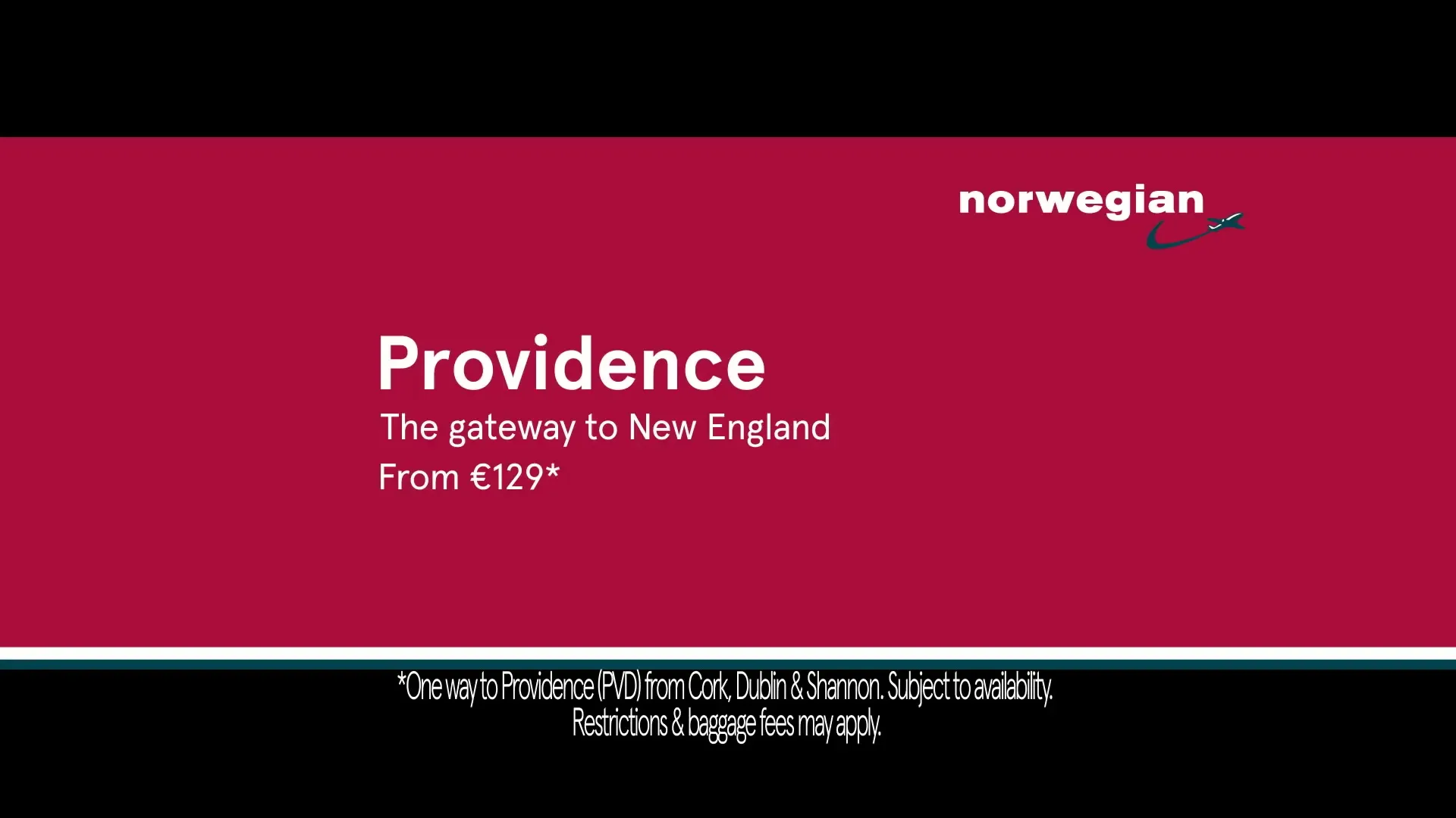 A red screen with white text advertises flights to Providence, "The gateway to New England," from "€129*" with the Norwegian Air logo in the top right corner.