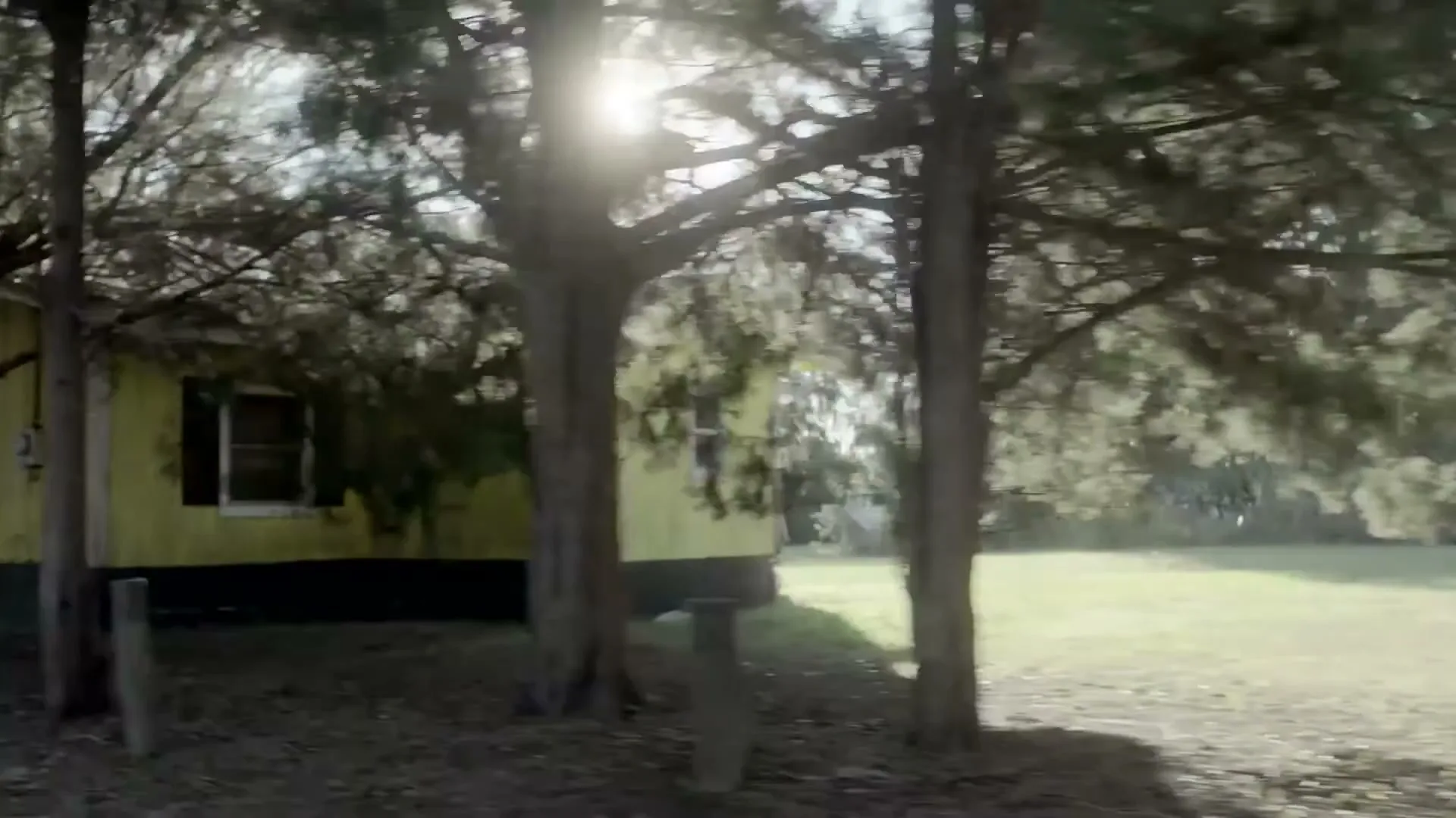 The camera pans right, revealing a yellow house behind trees, with bright sunlight flaring into the lens.