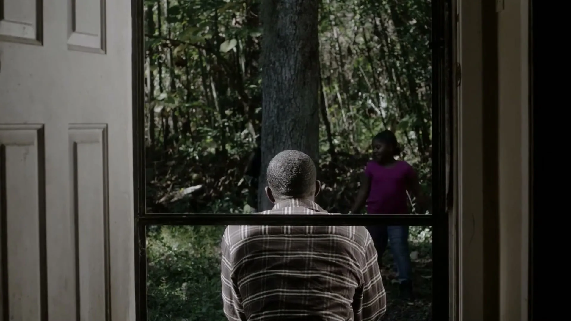 A man sits with his back to the camera, looking out a screen door at two children playing in a wooded area, as smoke rises from behind his head.