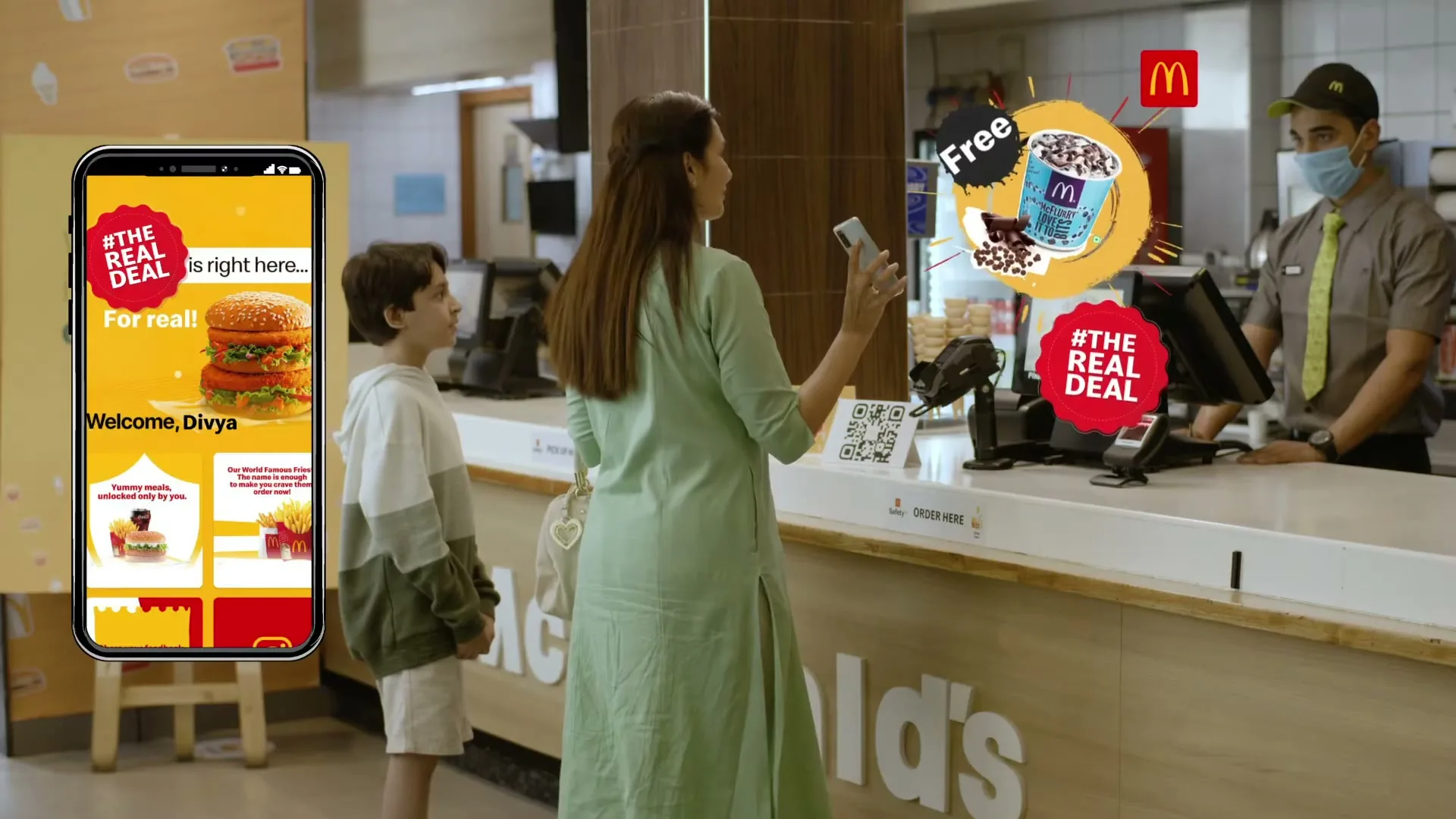 A woman and a child stand at a McDonald's counter, while a McDonald's employee stands behind the counter, and a phone screen with McDonald's app is superimposed on the left.