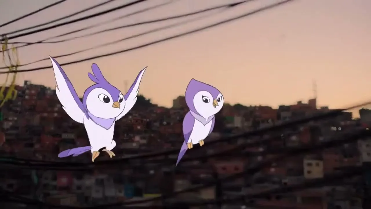 Two animated purple birds fly and land on power lines in front of a hillside favela at dusk.
