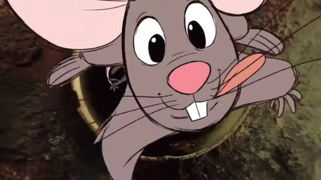 A cartoon mouse with large pink ears and a pink nose looks up from a dark pipe, its tongue sticking out, with a smaller mouse behind it.