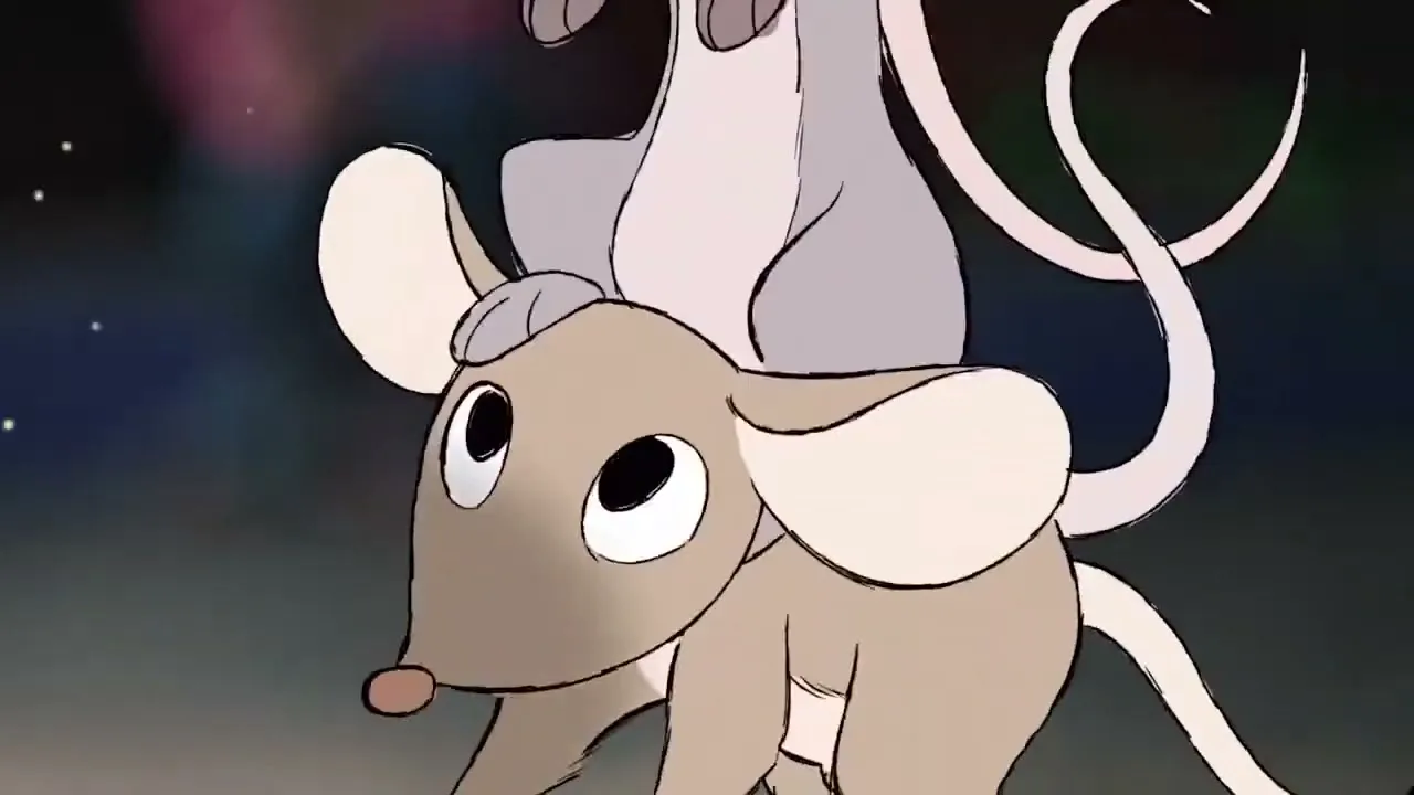 Two animated mice, one light brown and one grey, are stacked on top of each other, looking up at a colorful, blurry background.