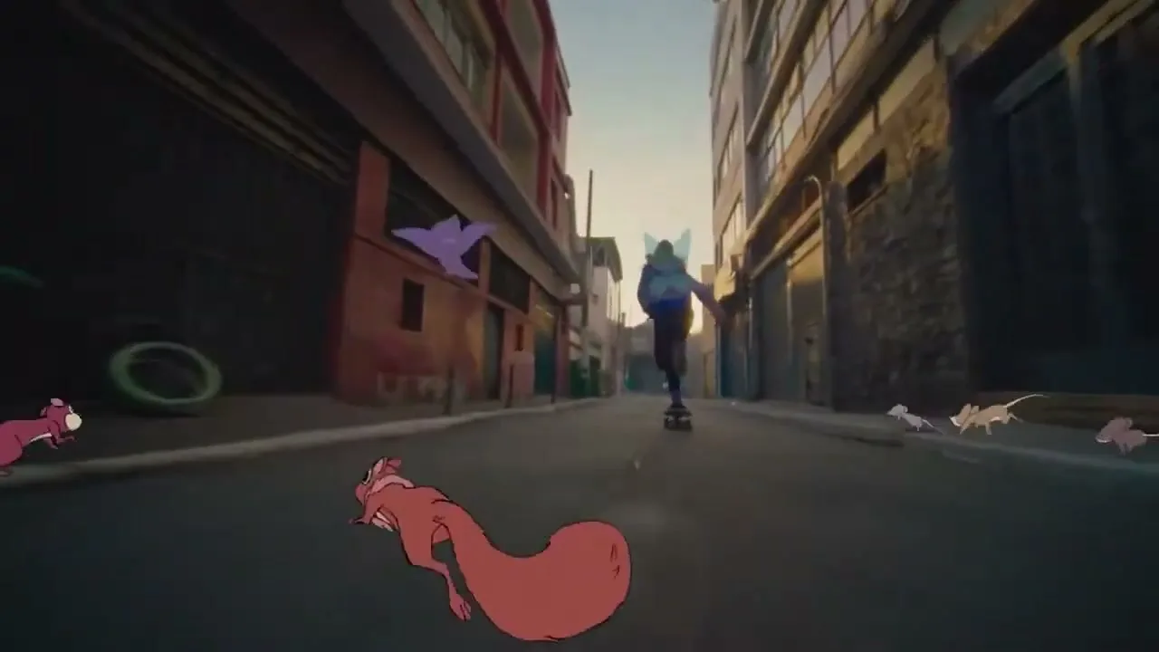 A young person on a skateboard glides down a narrow street lined with buildings, surrounded by animated cartoon animals and fairies.