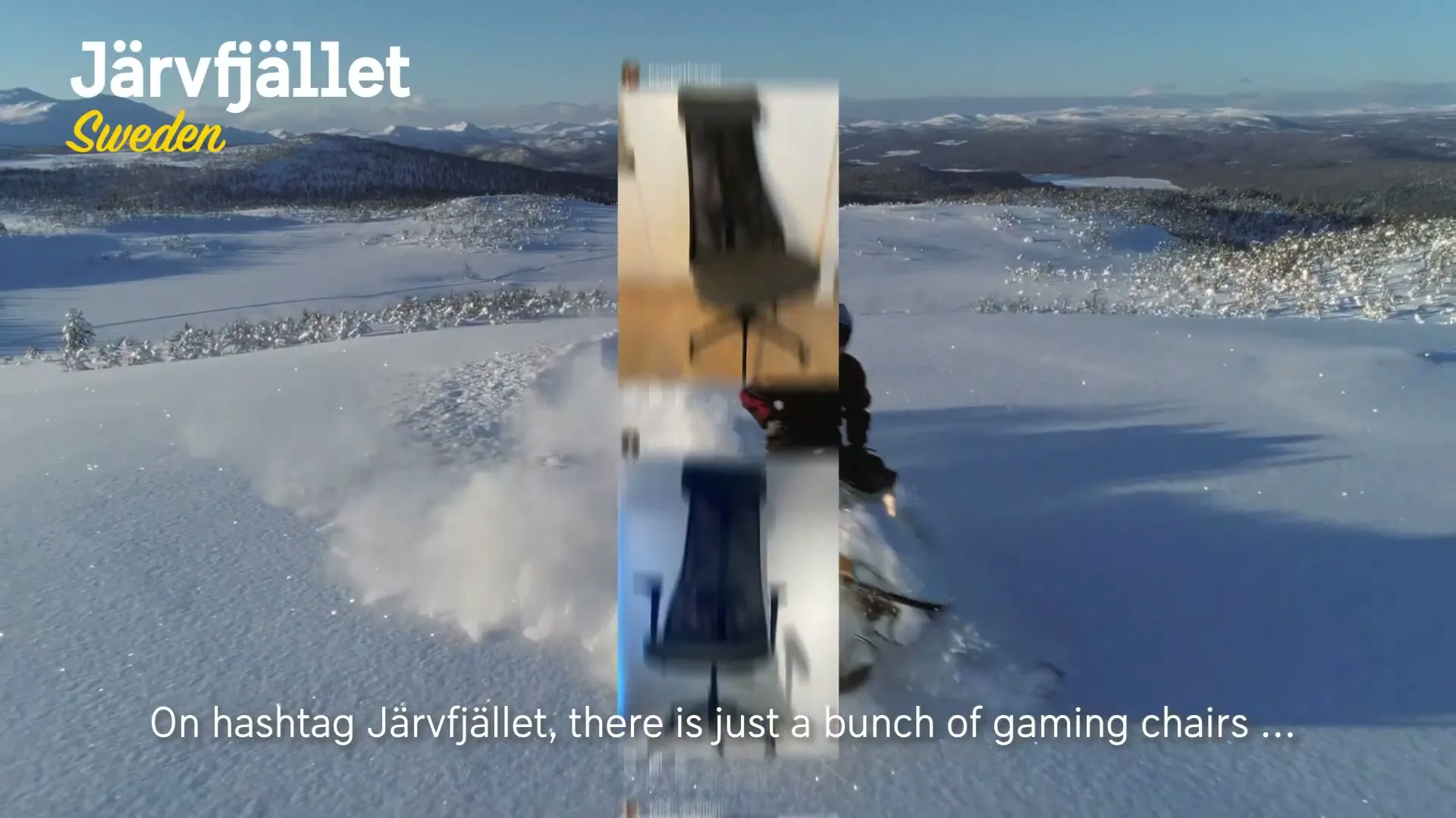 A person on a snowmobile rides through a vast, snow-covered landscape with mountains in the background, as gaming chairs appear on screen.