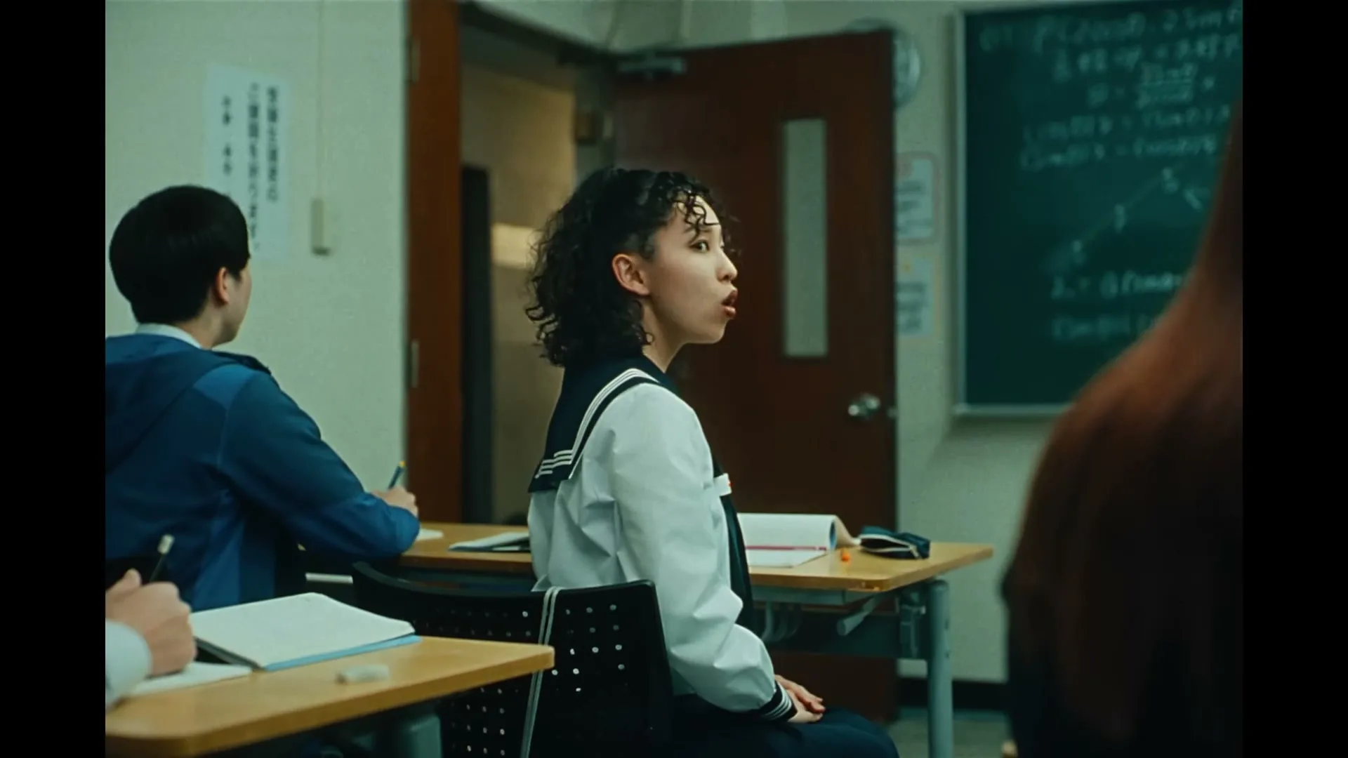 A female student with curly hair in a Japanese school uniform turns and smiles at the camera in a classroom.