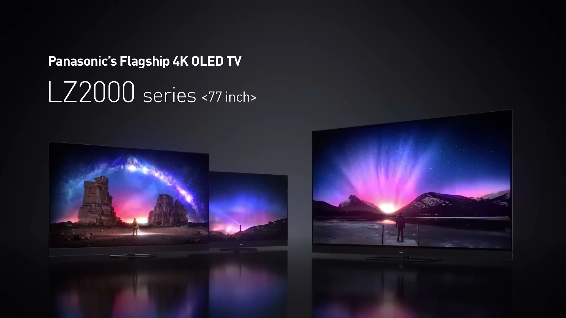 Three Panasonic 4K OLED TVs display vibrant, colorful landscapes with aurora borealis, showcasing their picture quality in a dark studio.