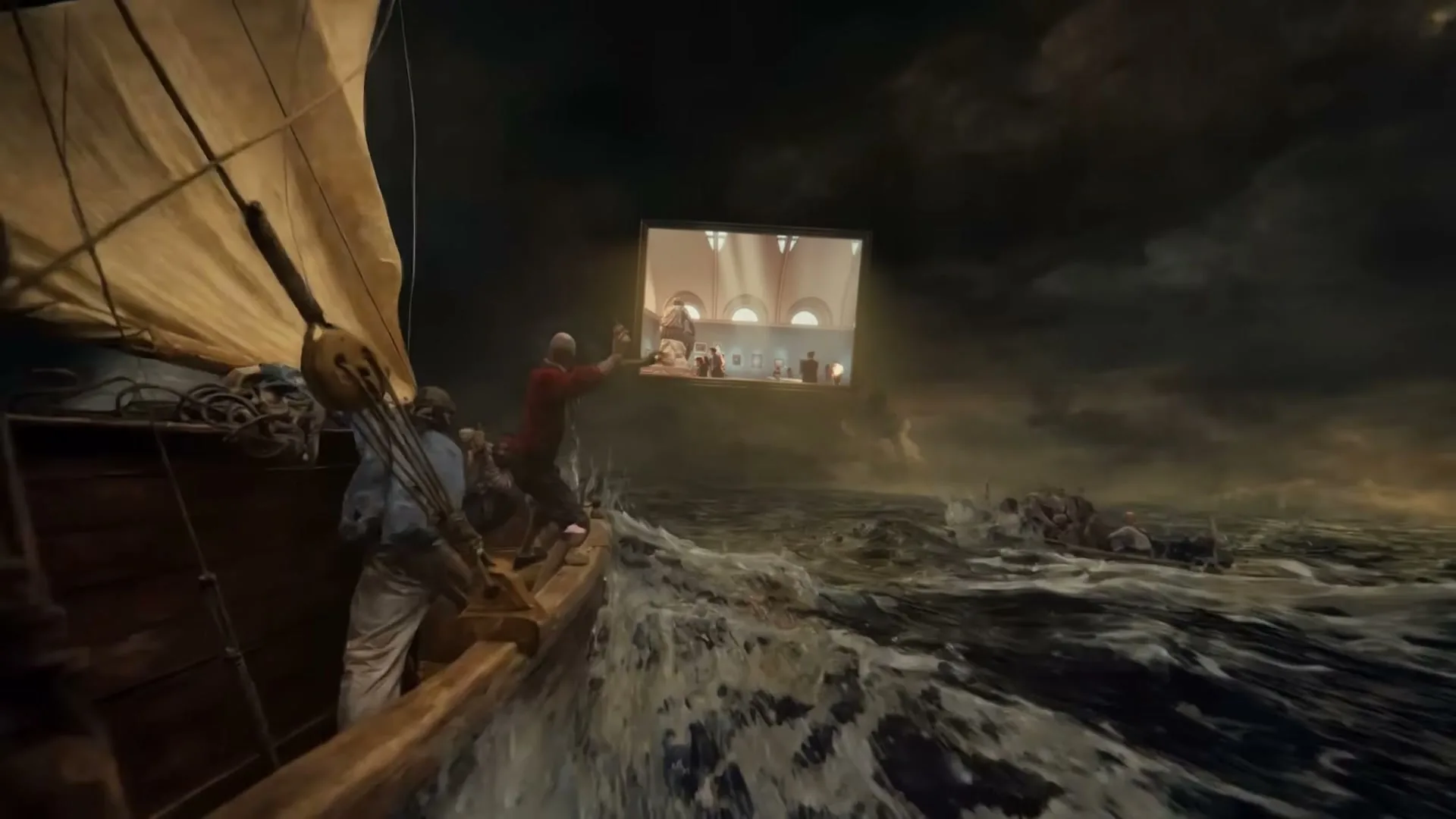 A painting of a ship in a stormy sea with people on board, and a small glowing screen showing a museum interior floats in the middle of the frame.