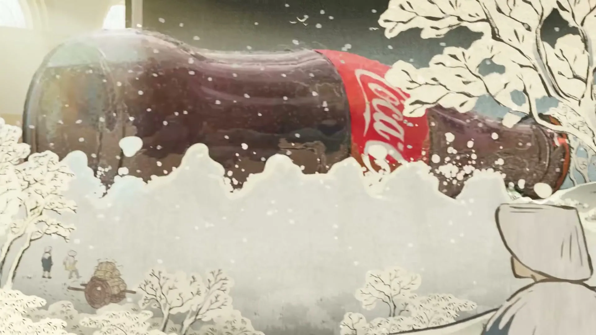 A giant Coca-Cola bottle falls into a snowy, animated Japanese landscape, creating a splash of snow, as two small figures and a person in a straw hat observe.