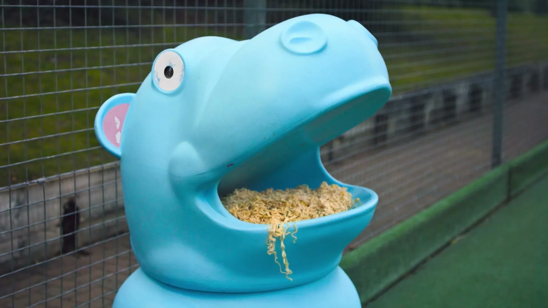 A blue plastic hippo-shaped bin with its mouth full of Pot Noodle, sits on a green court with a fence in the background.