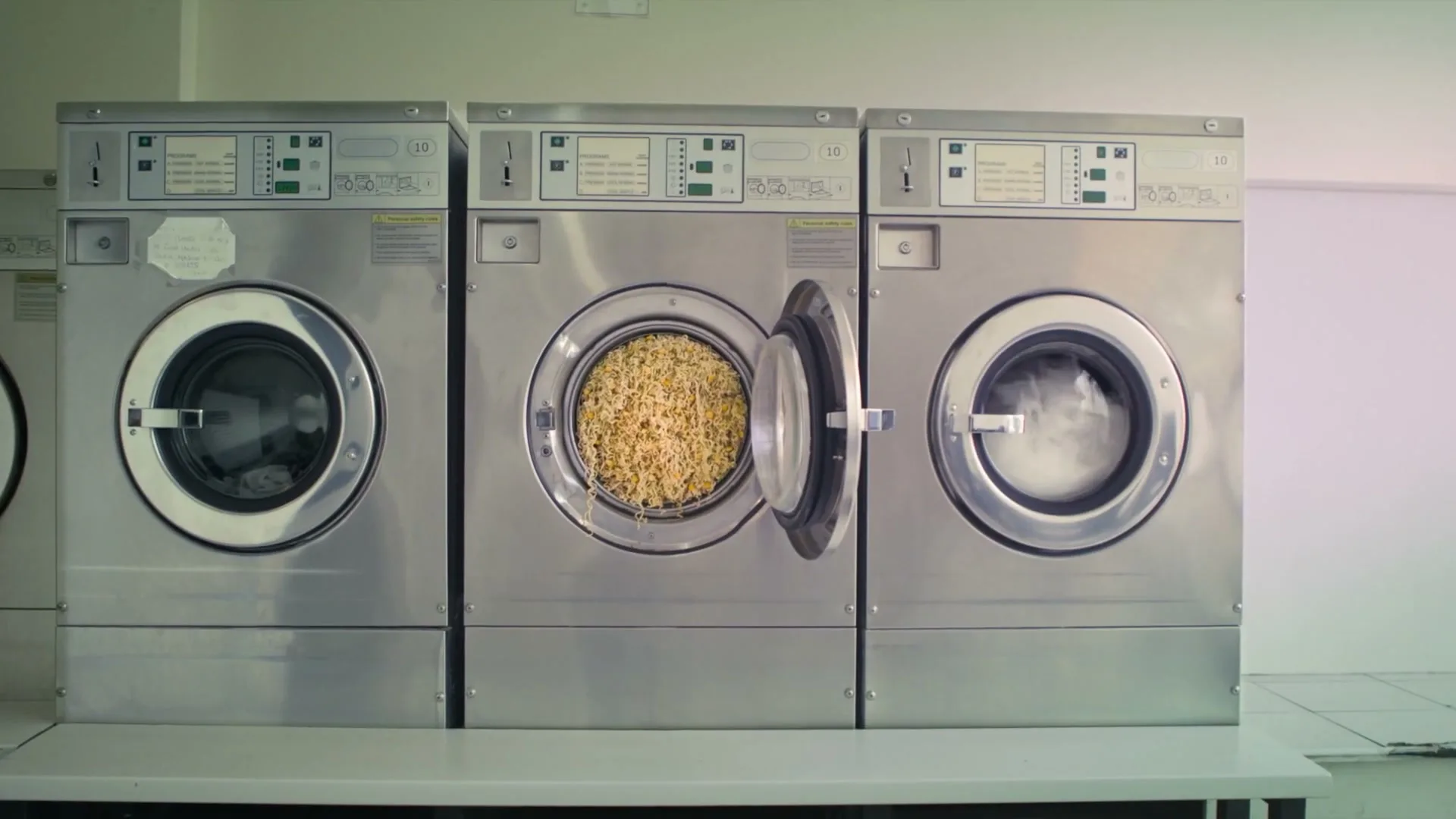 Three industrial washing machines are lined up in a laundromat, with the middle one open and full of noodles, and the right one spinning with white foam.