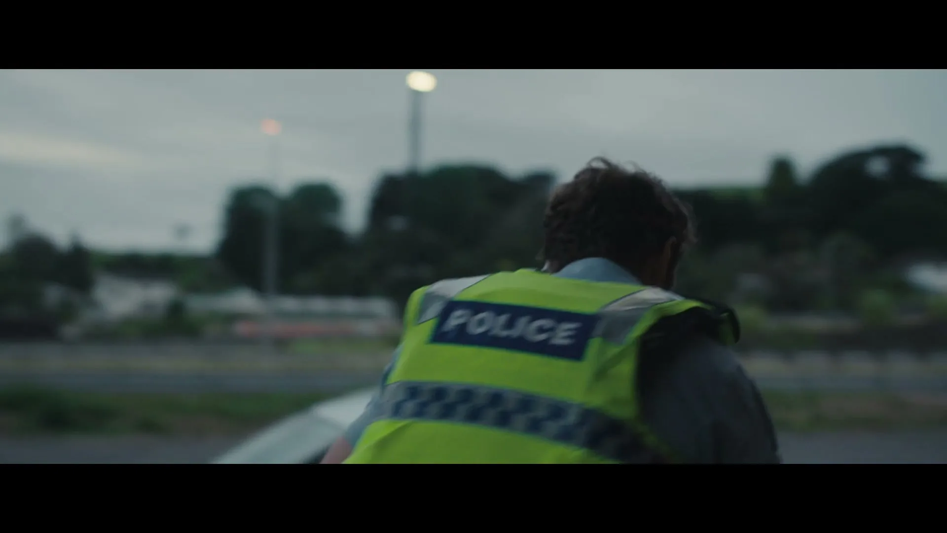 A police officer in a high-visibility vest stands with their back to the camera, looking out over a road at dusk.