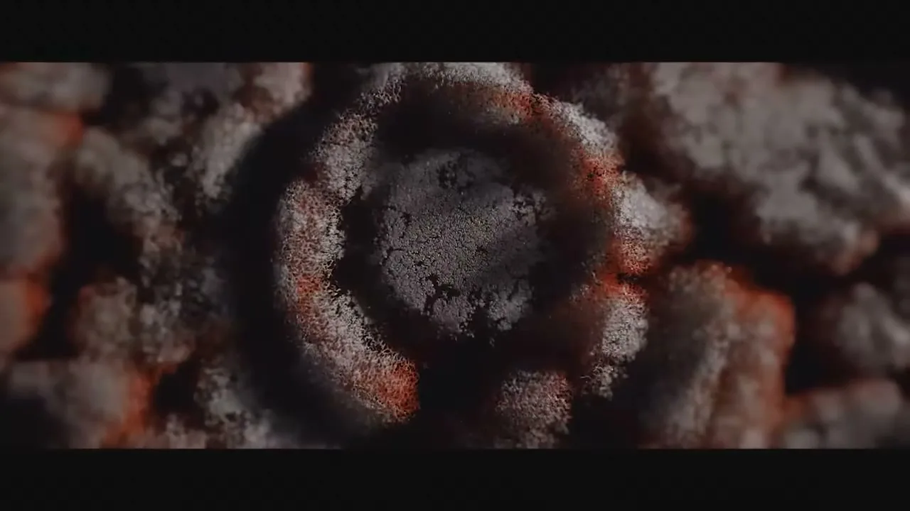 A macro shot of red particles forming a circular pattern, then transforming into a textured, grey surface with red accents.