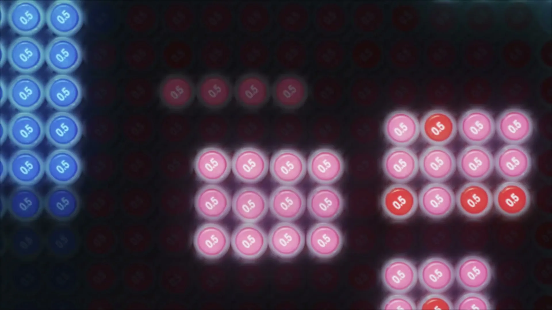A grid of blue, pink, and red circular pixels with "0.5" on them, some glowing, shift and change color on a dark background.